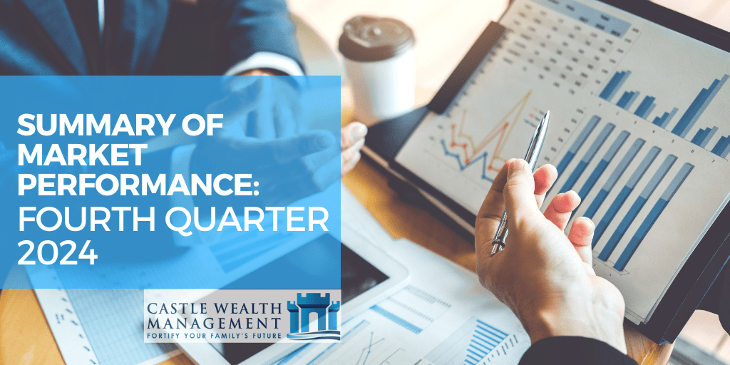 Quarter 4 - summary of market performance. Person holding a pen showing performance of investment market